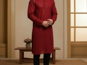 Men Chikan Embroidery Cotton Rayon Straight Kurta (Red)