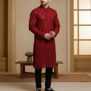 Men Chikan Embroidery Cotton Rayon Straight Kurta (Red)
